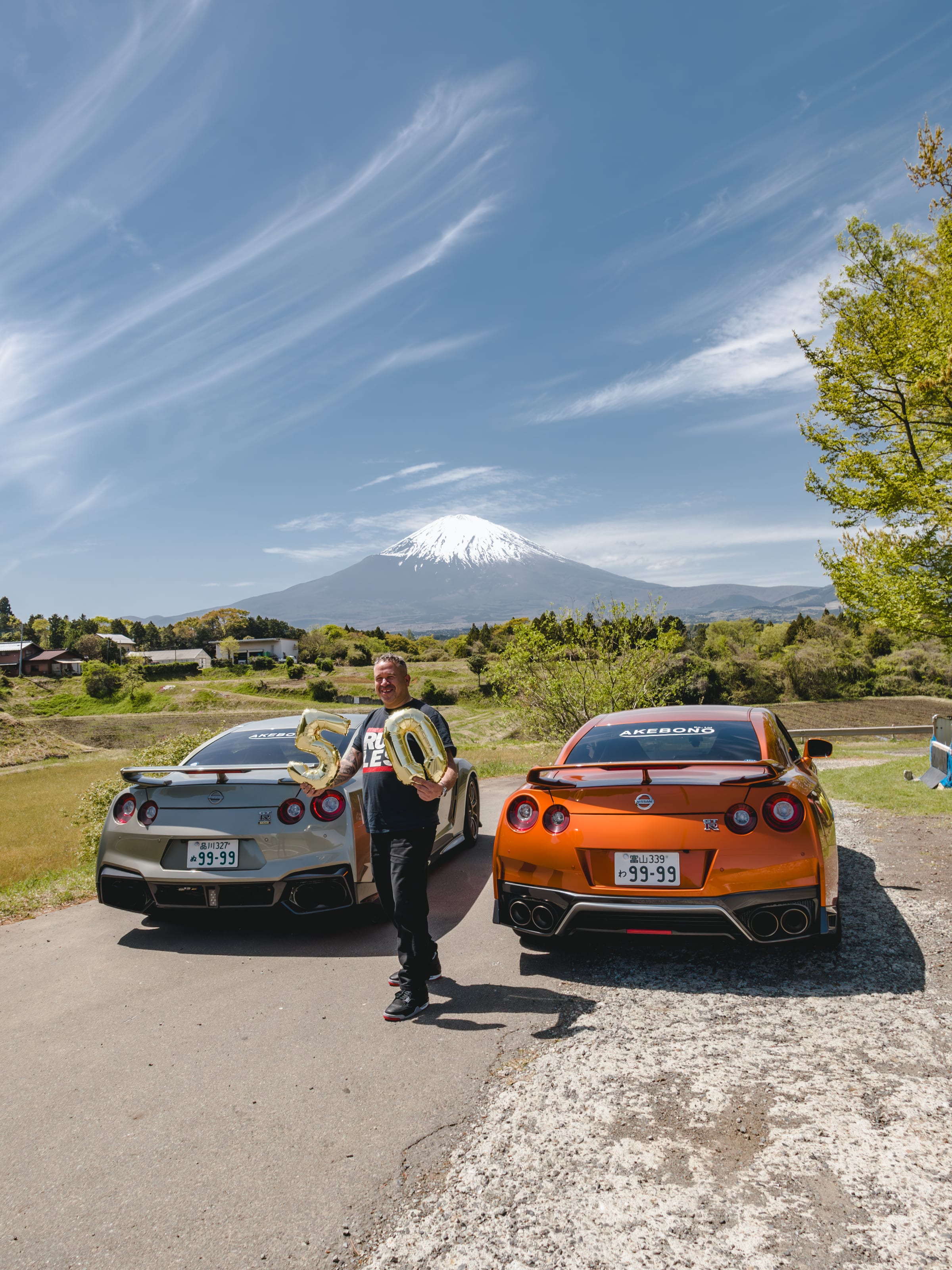 Tour milestone — beneath Mt. Fuji